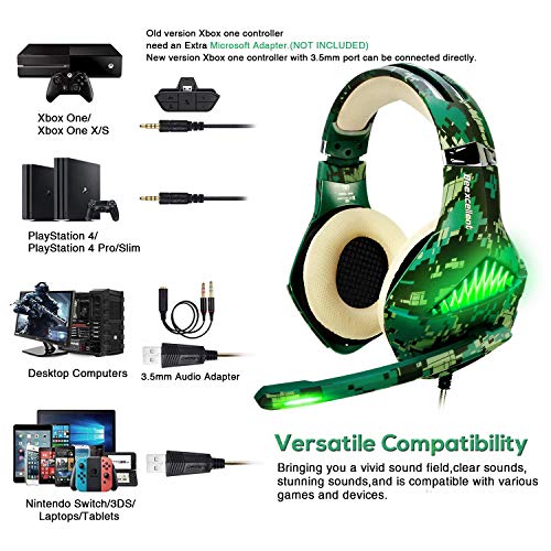 ShinePick 3.5mm PS4 Gaming Headset Wired Bass Stereo Noise Isolation Gaming Headphone with Mic and LED Lights for Xbox one, Playstation 4, Laptop, PC(Camo)