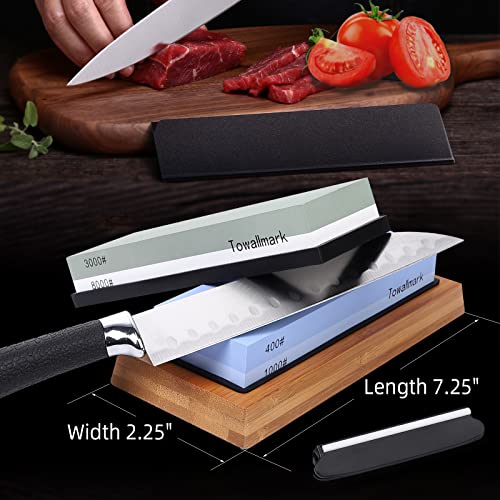 Towallmark Knife Sharpening Stone Kit 4 Side Grit 400/1000 3000/8000, 9 Pack Professional Complete Kitchen Whetstone Set with Anti-Cut Gloves, Flattening Stone