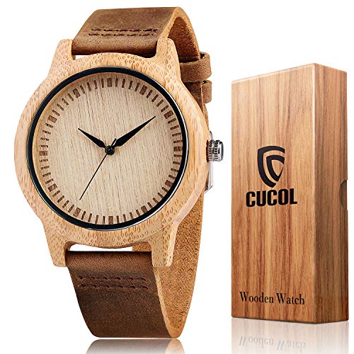 CUCOL Mens Natural Bamboo Wood Watches, Engraved Leather Strap Watch Wooden Case Analog Quartz Wristwatch,Christmas Gift