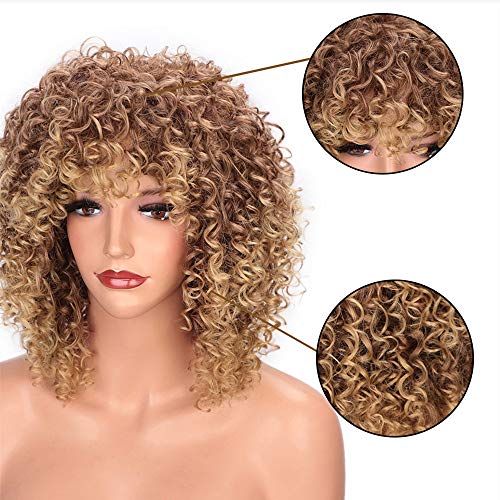 LBE-Afro-Kinky-Curly-Synthetic-Short-Wig-With-Bangs-Mixed-Brown-and-Blonde-Heat-Resistant-Full-Wigs-for-Women-14-inches-Mixed-Brown-and-Blonde