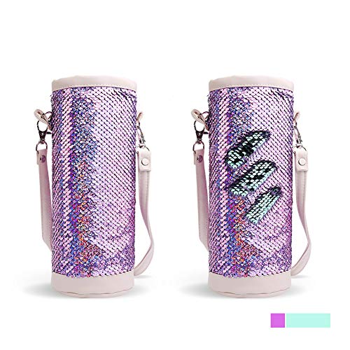 DricRoda Insulated Bottle Cover,Mermaid Sequin Water Bottle Carrier, Drink Bottle Insulator Cooler,Bottle Sleeve Holder Tote Bag with Shoulder Strap for Kids,Girls,Ladies (Purple)