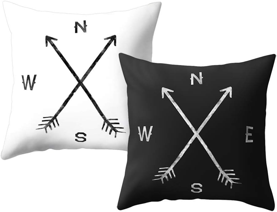 Throw Pillow Covers Decorative Farmhouse Pillow Covers Super Soft 18x18 Set of 2 North South West East Arrow Compass Home Couch Decor Outdoor Cushion Case (Black and White)