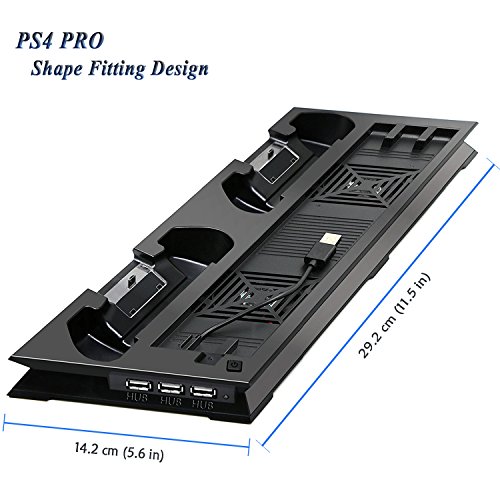 ADVcer PS4 Pro Vertical Stand with Dual Cooling Fan, Dual Controller Charging Station and 3 Extra USB Port for Playstation 4 Game Console, PS4 DualShock 4 Gamepad + 8 Controller Thumb Grip Cover Caps