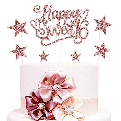 Set of 7 Glitter Rose Gold Happy Sweet 16 Cake Toppers Pack Star Cupcake Party Decor Decorations (D)