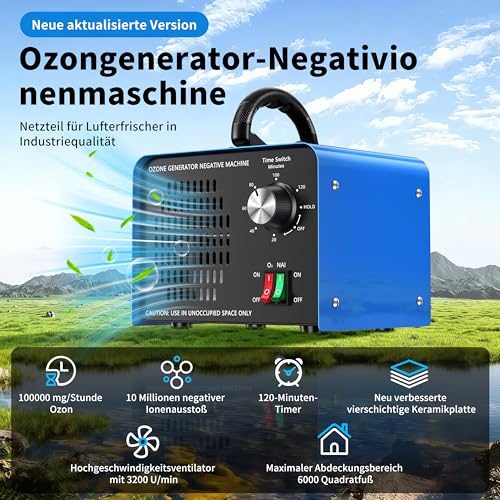 Ozone Generator 100,000 mg/h, Ozone Device with Negative Ions and 120 Minute Timer, Ozone Air Purifier for Odour Elimination for Car, Home, Pets, Smoke, Commercial/Industrial Use/Applicable 600 m² Blue