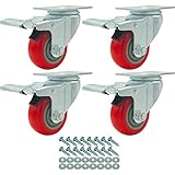 FactorDuty 4 Pack Caster Wheels Swivel Plate On Red Polyurethane Wheels with HD Hardware Kit (3