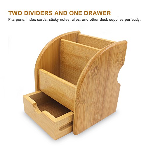 TV Remote Control Holder Caddy, Bamboo Desktop Office Supplies Storage Box Organizer With 2 Compartments 1 Drawer (Natural Bamboo) - Thumbnail 2