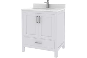 Ayna Decors Rooh 30 inch White Bathroom Vanity Set with White Quartz Countertop | Ceramic Sink | 2 Soft Closing Doors | 1 Full Extention Soft Close Drawer | Brushed Nickel Hardware | AVR30WH3002