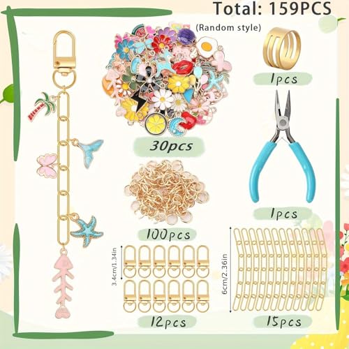 159Pcs Keychain Making Kit, Charm Jewelry Chain Making Crafts Including 30 Charms 12 Keychain Clips Hooks 15 Extender Chains 100 Jump Ring and Jewelry Plier for Crafts