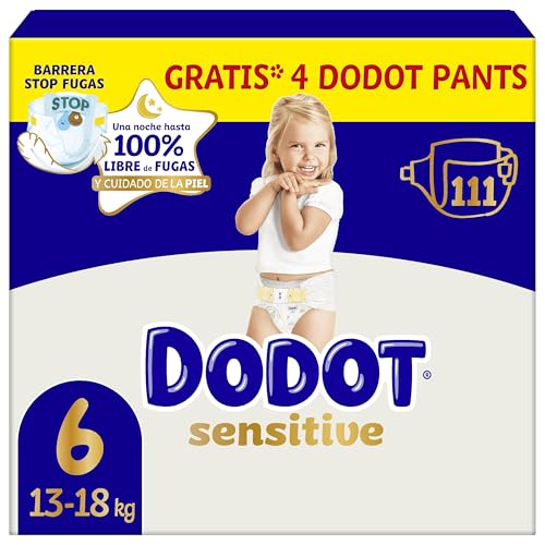 Pañales Bebé Sensitive, Talla 6 (+13 kg), 111 Pañales + 4 Pants de Regalo, Hasta 12 h De Protección Antifugas y Cuidado de la Piel, Pack Mensual