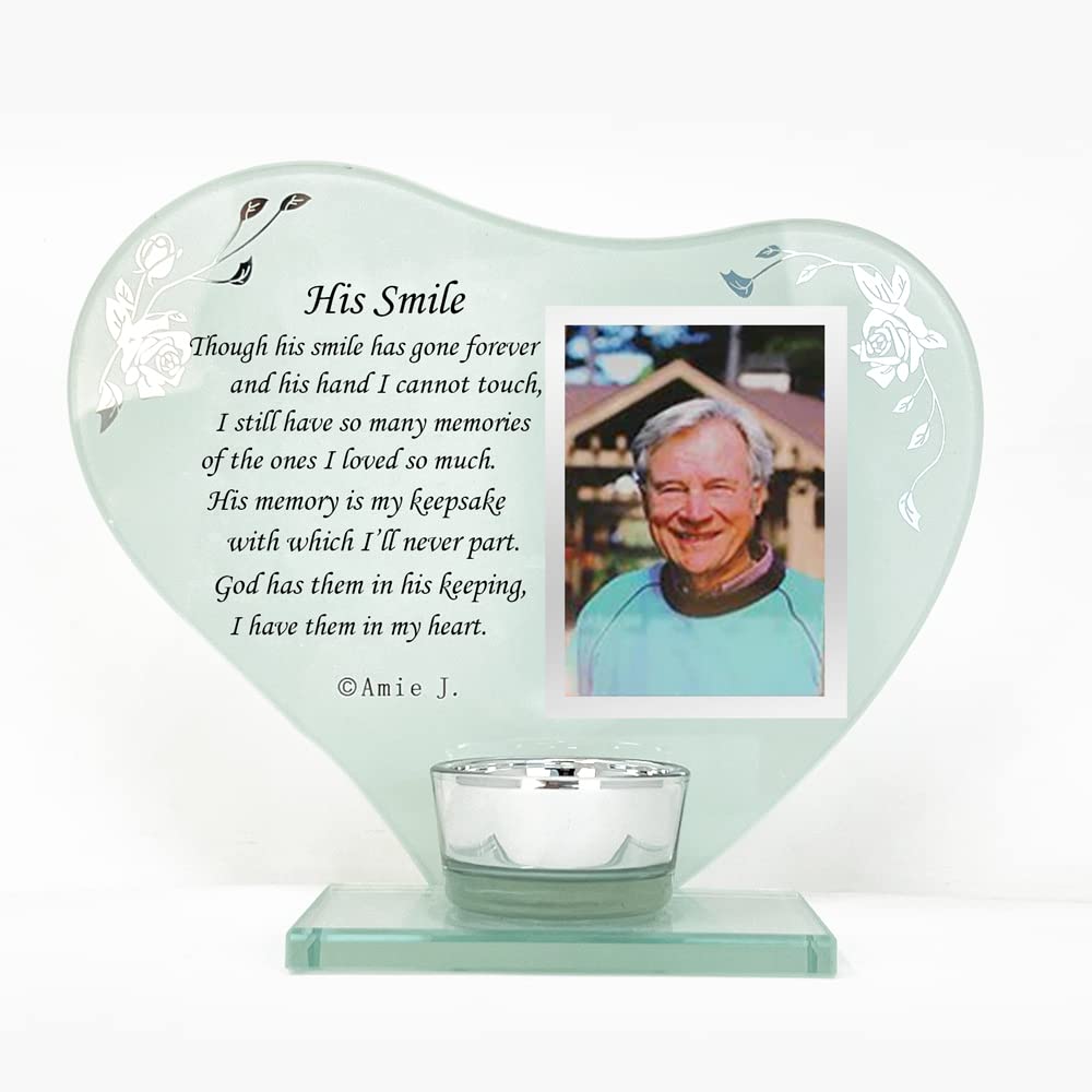 Photo Frame Candle Holder Memorial Plaque Gift with Space to Add a Photograph, Heart-Shaped, Engraved with a Personalised Poem, for Bereavement, Death Anniversary of your Loved Ones (His Smile)