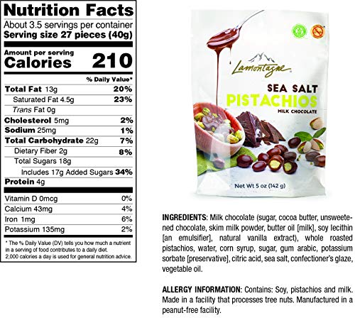 Lamontagne Milk Chocolate & Sea Salt Pistachios, pack of 3 bags - Gluten-free, Peanut-free and Palm Oil-Free Snack
