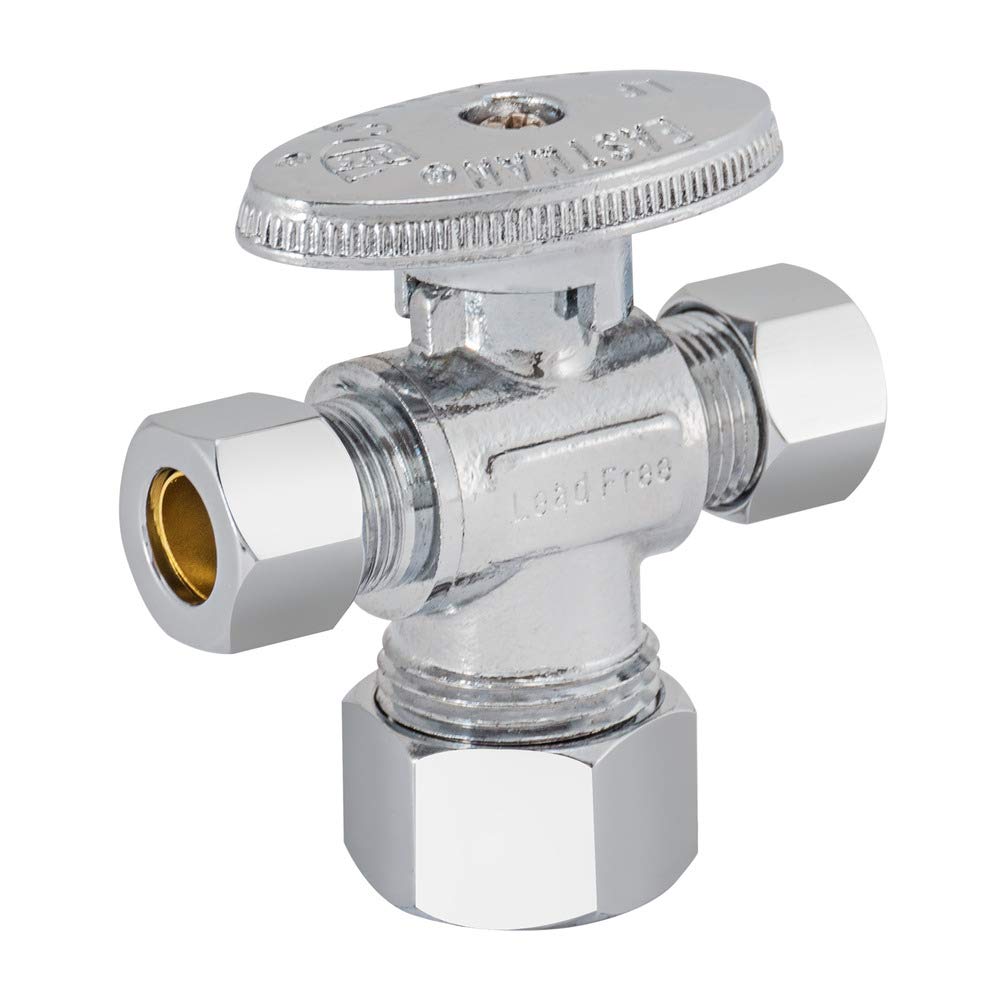 Eastman 48652LF 1/4-Turn Dual-Outlet Compression Inlet 3-Way Stop Valve, 5/8-Inch OD (1/2-Inch Nom.) Inlet x 3/8-OD Compression Outlet x 3/8-Inch OD Compression Outlet, Chrome Plated