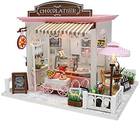 UCTOP ZUINIUBI Miniature House DIY Handmade Doll House Kit Furnished with Accessories Dust-Proof Cover and Assemble Tool Birthday Gift for Kids Adults-Chocolate House