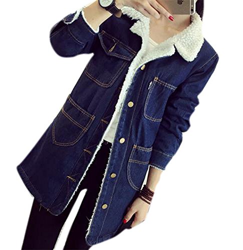 Tengfurich Tengfu Women Winter Casual Loose Blue Lapel Shearling Fleece Padded Denim Jacket