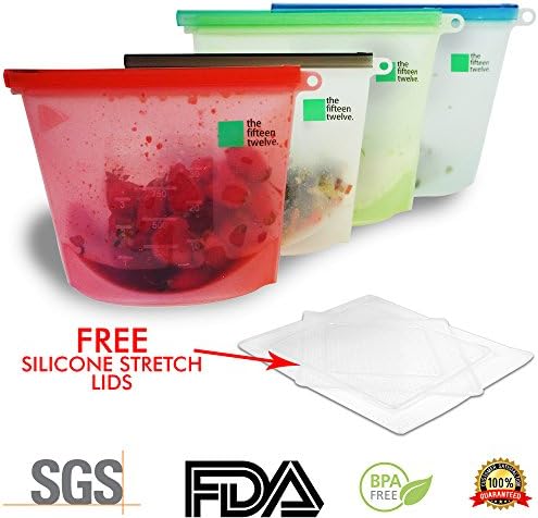 4 Reusable Silicone Food Bags Storage Containers (2x1L/2x1.5L) & BONUS 4 Silicone Stretch Lids, Airtight Seal, Leakproof, Food Grade, Freeze Steam Heat Microwave/Dishwasher Safe