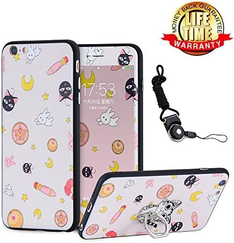 iPhone 6 Case, iPhone 6S Case Screen Protector Tempered Glass Film with Holder Ring Kickstand, 360 Full Body Nice Thin Slim Hard Cartoon Kitty Girls Cover Lanyard Shell Skin for iPhone 6/6S 4.7"