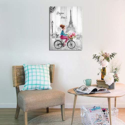 Paris-Canvas-Wall-Art-Black-and-White-Wall-Art-for-Bedroom-Bathroom-Pink-and-Gray-Paris-Theme-for-Teen-Girl-Room-Decor-Eiffel-Tower-Rustic-Painting-Girl-Riding-Bike-with-Flowers-for-Wall-Decor-Gift