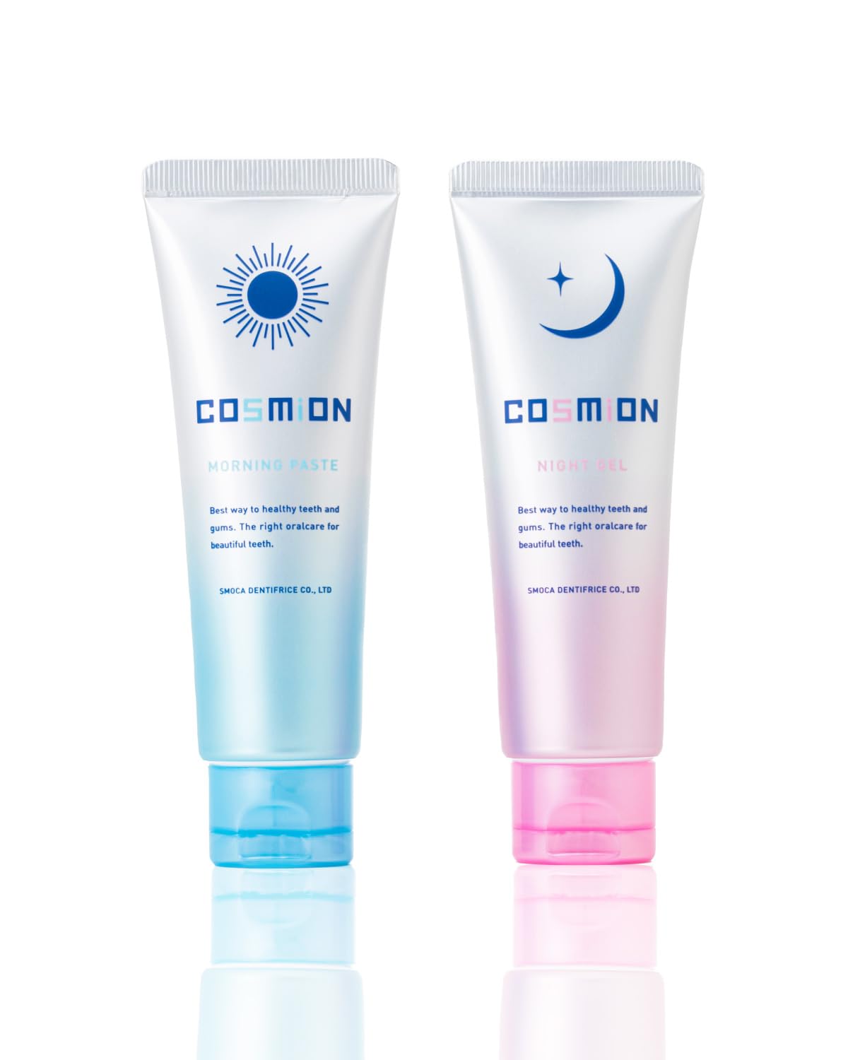 〈 コスミオン 〉 やさしい ホワイトニング 歯垢 除去 朝用 歯磨き粉 100ｇ + 口臭ケア 歯ぐきケア 夜用 ハミガキジェル 70g 日本産 むし歯予防 歯周病予防 ［ 医薬部外品 ］商品画像