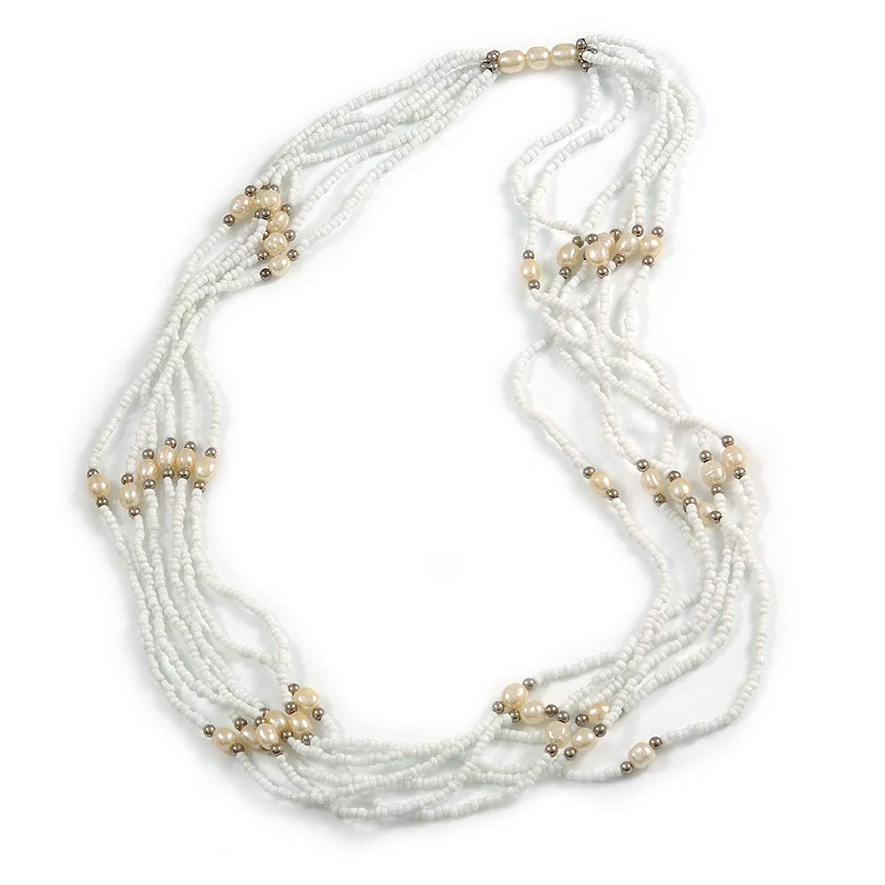 Avalaya Multistrand Snow White Glass Bead Cream Faux Pearl Long Necklace - 70cm L