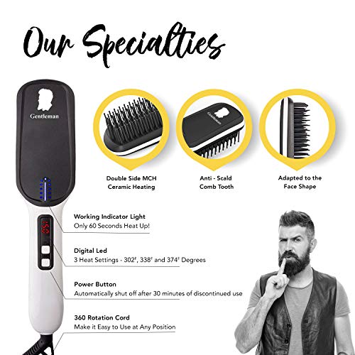 Beard Straightener Brush - Ceramic Heat w/Anti-Scald and Automatic Shut-Off Safety Features, 3-Temp Settings, LED Display - Straightening Brush w/Ionic Conditioning for Smooth and Sleek Hair