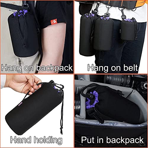 Cwatcun 4 Pack Lens Pouch Set, Camera Lens Case Bag with Thick Protective Neoprene, for Canon Nikon Sony Pentax Olympus Panasonic Fuji Sigma DSLR SLR Camera Lens (Size Small, Medium, Large, X Large)