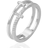 Hebelee Rhinestone Cross Double Layered Ring for Women Crystal Stacking Cross Finger Rings Faith Promise Engagement Fashion Dainty Jewelry Size 8
