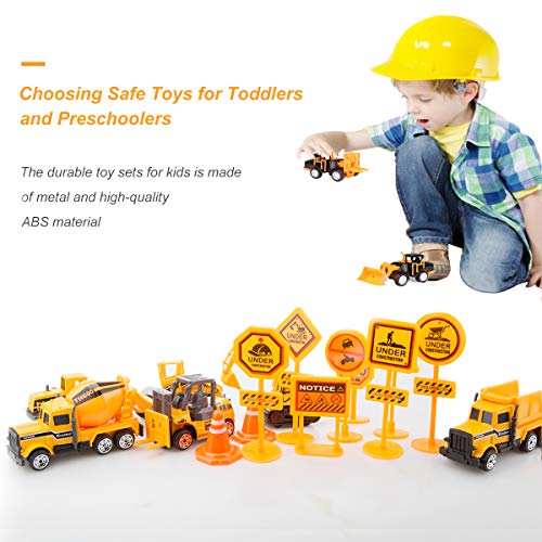 Unihoh Kids Construction Toys - Kids Toy Construction Trucks, 6 Pcs diecast Construction Vehicles Toddlers for Boys Small Kid with 10 Traffic Sign, Mini Engineering TrucksÂ Set for Age 3 Years and Up