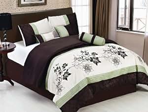 Amazon.com: 7 Piece Cal King SAGE GREEN/BEIGE/BROWN Pin ...