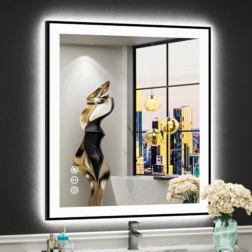 AWANDEE 28x32 Black Framed LED Bathroom Mirror