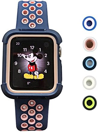 Case with Band for Apple Watch 38mm,Shock-proof and Shatter-resistant Protective Case with Silicone Replacement Strap Band Wristband for Apple Watch Series 3&amp;2&amp;1 (Blue/Pink, 38mm Large)