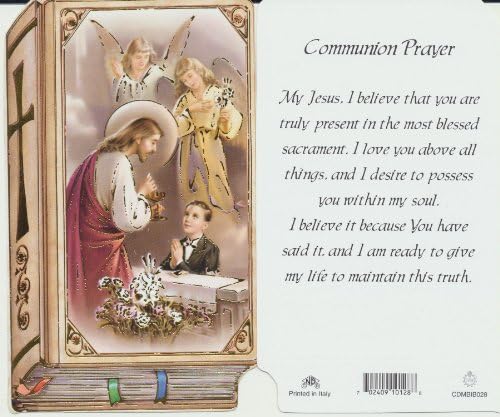 First Communion for Boy Holy Prayer Card Bible-Shaped Chromo NB with He Lives Cross Bookmark