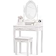 Alohappy Makeup Vanity Set with Mirror & Stool for Girls, Vanity Table and Cushioned Stool Set with 4 Drawers, Wood Dressing Table for Bedroom
