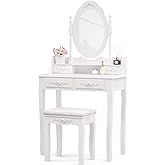 Alohappy Vanity Desk with Mirror, Cushioned Stool Set with 4 Drawers, White | Modern Makeup Table Set with Mirror &amp; Stool for Girls, Wood Dressing Table for Bedroom