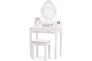 Alohappy Makeup Vanity Set with Mirror & Stool for Girls, Vanity Table and Cushioned Stool Set with 4 Drawers, Wood Dressing Table for Bedroom