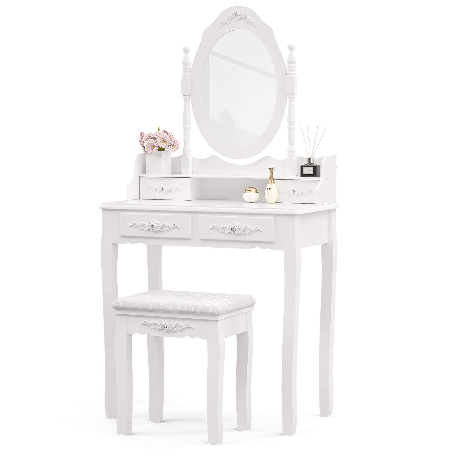 Photo 1 of Alohappy Makeup Vanity Set with Mirror & Stool for Girls, Vanity Table and Cushioned Stool Set with 4 Drawers, Wood Dressing Table for Bedroom
