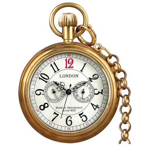 VIGOROSO Men's Vintage Full Copper Hand-Wind Mechanical Second&24hours Sub-dials Pocket Watch in Box