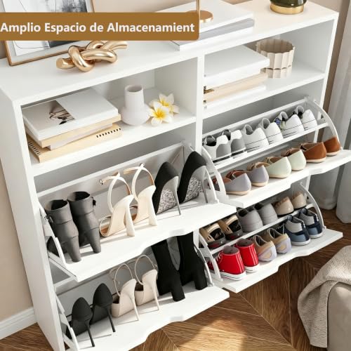 Zapatera Organizador Madera 4 Cajones Abatibles, Zapateras Modernas, Blanco | Zapateros Cerrado Mueble con Estantes Extraíbles, 8-16 pares, Zapatero de Madera para Recibidor Entrada Casa, 105*24*100cm