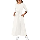 HipGlamp Women's Summer Casual Long Dress 3/4 Sleeve Crew Neck Drawstring Belt Fall Long Maxi Dresses with Pockets