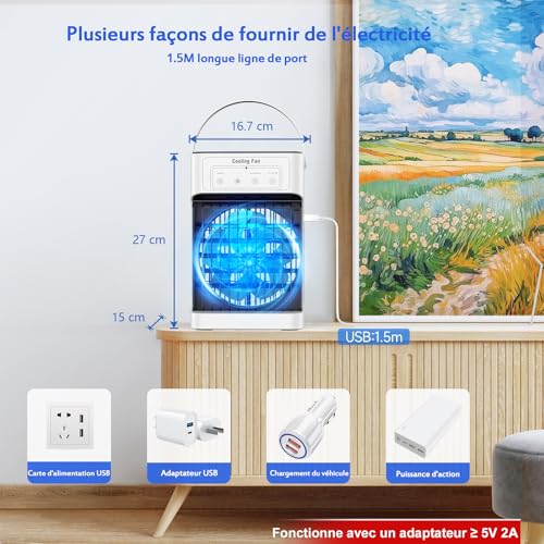 Portable Mobile Air Conditioner, 1100ML Air Cooler with 3 Air Speeds & 3 Cooling Mists, 2-8H Timer & 7 LEDs, USB Mobile Clim for Bedrooms, Apartments and Offices