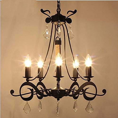 Wapipey American Retro Black 6-Lights Candle Wrought Iron Chandeliers E14 Crystal Music Symbol Restaurant Droplight Dining Room Kitchen Living Room Ceiling Pendant Light