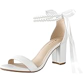 Ankis White Heels Wedding Shoes for Bride Women Chunky Heels Pearl Bow Heeled Sandals 2.75 Inch Size 7.5