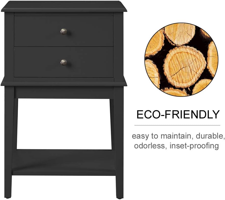 Linio-home Black Nightstand, Bedroom Nightstands with Drawers, Small End Table, Bed Side Table with 2 Drawers, Bedside Table Accent Table, Black: Kitchen & Dining