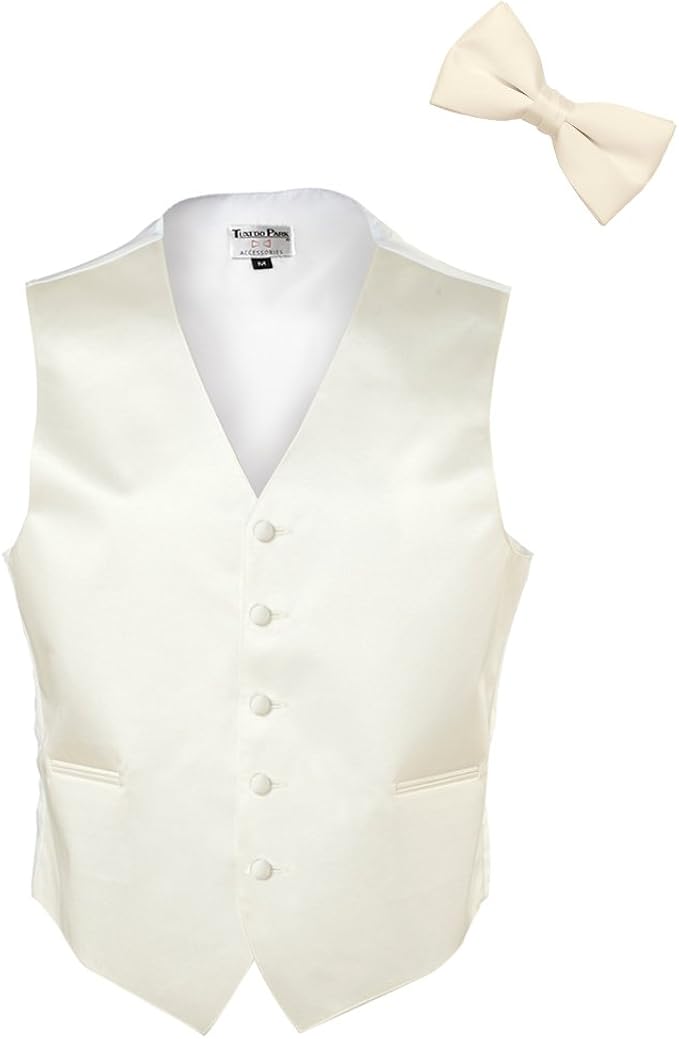 Ivory Satin Tuxedo Vest and Bow Tie at Amazon Men’s Clothing store