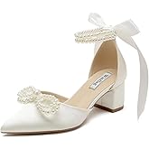 Block Heel Wedding Shoes for Bride Satin Pearl Bridal Heels Closed Toe Wedding Heels