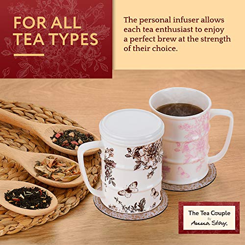 The Tea Couple Tea Infuser Mug (Set of 2) 14 oz.Vintage Porcelain Tea Cups with Ultra-Fine Mesh for Steeping - 2 ,Non-Slip Drink Coasters - Reusable Home & Office Drinkware (Vintage Butterfly) - Thumbnail 5