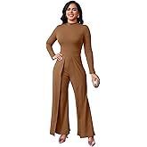 ZonJie Casual Jumpsuits for Women Elegant Long Sleeve Party Rompers Dressy Deep V Neck Wide Leg Long Pant with Belt