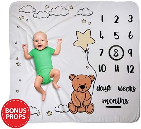 Baby Milestone Blanket for Infant Boys and Girls, Hypoallergenic Fleece, Props Included, Monthly Memory Tracking Blankets for Photos - Growth Blankies for Newborns to Two Years, Best Baby Shower Gift