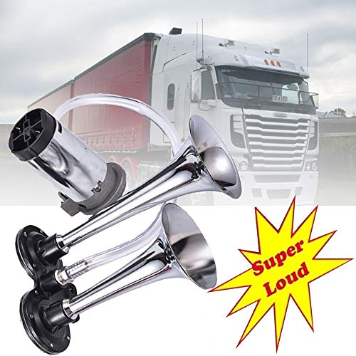 MKING 12V 150dB Car Air Horn Kit, Super Loud Twin Tone Chrome Plated Zinc Dual Trumpet Air Horn with Compressor for Any 12V Vehicles Car Truck RV Van SUV Motorcycle Off Road Boat (Silver)