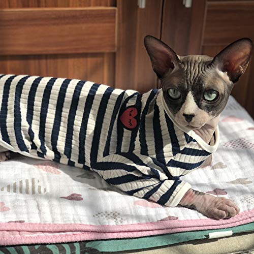 DENTRUN Hairless Cats Shirt Cat Wear Clothes Stripe Vest Best Hairless Cat's Adorable Clothes Cat's Pajamas Jumpsuit for All Season, Soft & Skin-Friendly